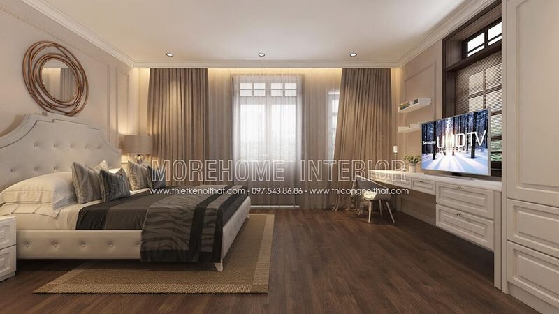 Mẫu tủ quần áo liền kệ ti vi màu trắng hiện đại