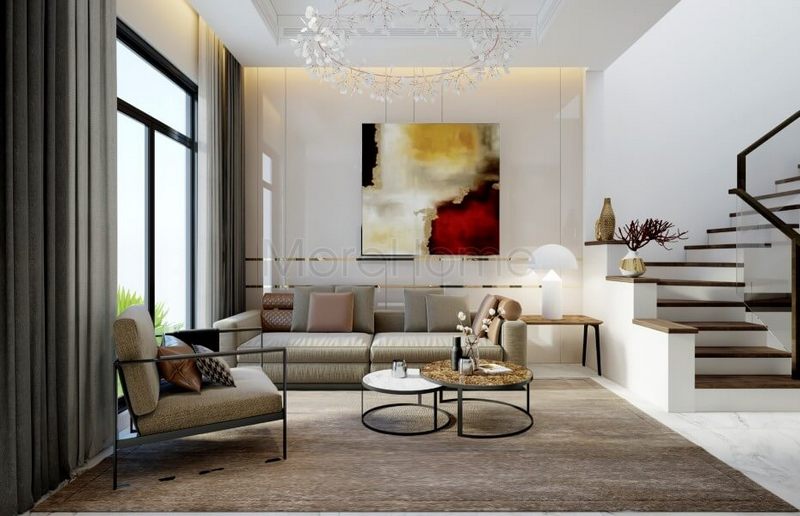 Phòng khách được thiết kế đơn giản với các phụ kiện nội thất trẻ trung và gây ấn tượng.