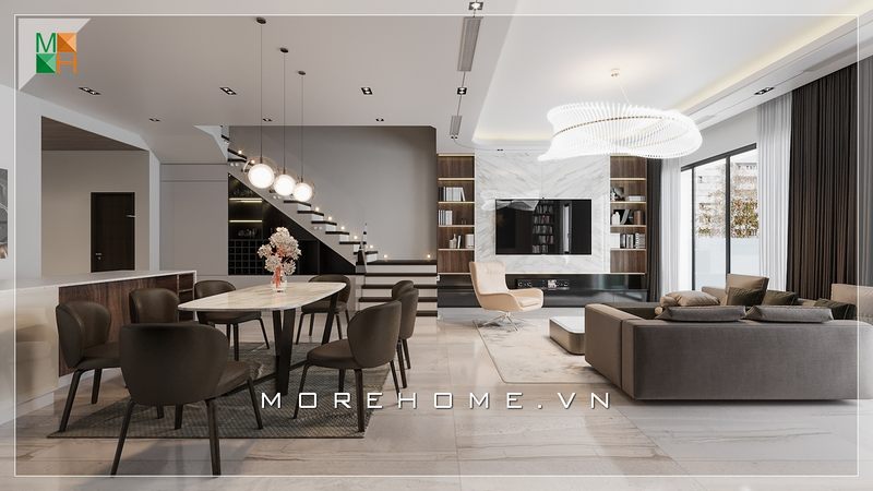 Mẫu thiết kế phòng khách liên kết với phòng ăn hiện đại được áp dụng cho các căn hộ, nhà phố và biệt thự đã tạo ra ấn tượng mạnh mẽ.
